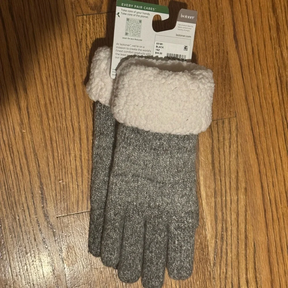 NWT Isotoner Women’s‎ Thick Knit Gloves with Faux Sherpa Trim Winter Warm Soft - Picture 3 of 5